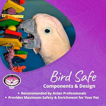 Super Bird Creations - SB440 4 Way Play Bird Toy - Colorful Wooden Blocks, Ringing Bell, and Bird Swing - Perfect Chew Toys for Mini Macaws, Parrots and African Greys - Ideal for Large Birds