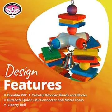 Super Bird Creations - SB440 4 Way Play Bird Toy - Colorful Wooden Blocks, Ringing Bell, and Bird Swing - Perfect Chew Toys for Mini Macaws, Parrots and African Greys - Ideal for Large Birds