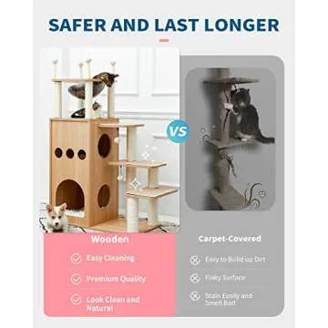 Made4Pets Modern Cat Tree for Large Cat, Wood Cat Tower Heavy Duty with Scratch Post for Indoor Big Cats, 51" Extra Tall Cat Condo Sturdy Frisco Castle with Clear Bowl for Kittens Maine Coon 20Lbs