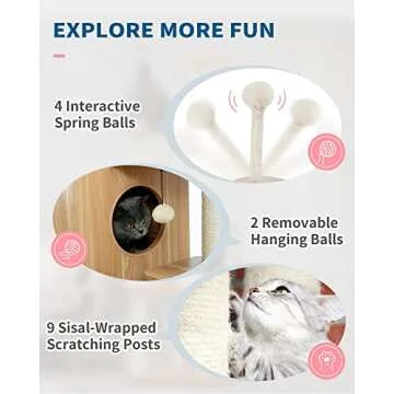 Made4Pets Modern Cat Tree for Large Cat, Wood Cat Tower Heavy Duty with Scratch Post for Indoor Big Cats, 51" Extra Tall Cat Condo Sturdy Frisco Castle with Clear Bowl for Kittens Maine Coon 20Lbs