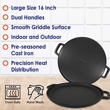 16 Inch Cast Iron Pizza Pan with Silicone Handles and Recipes