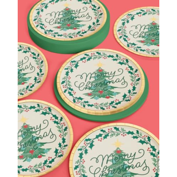Merry Christmas Foil Paper Plates - 25 Pack - Holiday Decor