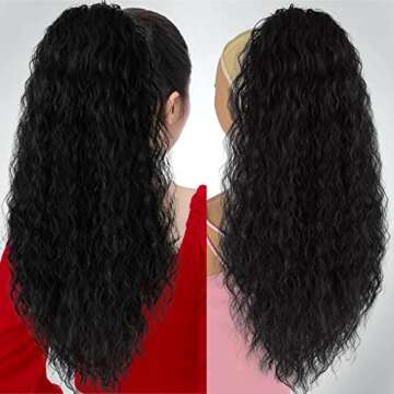 UAmy hair Long Curly Drawstring Ponytail Extension for Women 26 inches Black Long Wavy Clip in Ponyt...