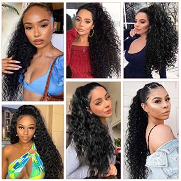 UAmy hair Long Curly Drawstring Ponytail Extension for Women 26 inches Black Long Wavy Clip in Ponytail Synthetic Long Black Drawstring Ponytail for Daily Party Use