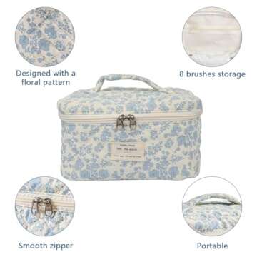 Large Makeup Bag, Cute Cosmetic Bag for Women Girls, Floral Coquette Aesthetic Toiletry Bag, Travel Make Up Organizer Bag (Rose Plaid Pattern)