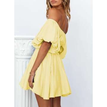 Dokotoo Off Shoulder Sexy Dresses for Women Fashion 2025 Short Lantern Sleeve Ruffle A-Line Yellow D...