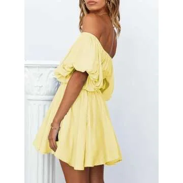 Dokotoo Off Shoulder Sexy Dresses for Women Fashion 2025 Short Lantern Sleeve Ruffle A-Line Yellow D...