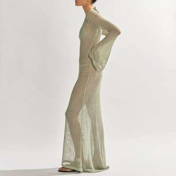 SOOKABEILA Women Crochet Knit Cover Up Maxi Dress Y2K Sheer Mesh Long Dress Sexy Backless Bikini Bathing Suit Coverups(E-1 Crochet Green,S)