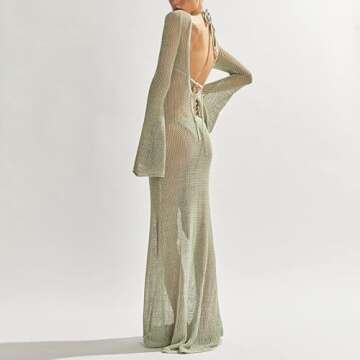 SOOKABEILA Women Crochet Knit Cover Up Maxi Dress Y2K Sheer Mesh Long Dress Sexy Backless Bikini Bathing Suit Coverups(E-1 Crochet Green,S)