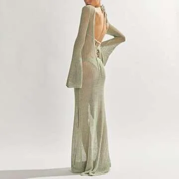 SOOKABEILA Women Crochet Knit Cover Up Maxi Dress Y2K Sheer Mesh Long Dress Sexy Backless Bikini Bathing Suit Coverups(E-1 Crochet Green,S)