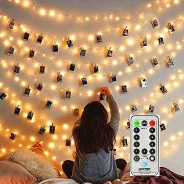 MZD8391 Dimmable 50 Battery-Powered Photo String Lights with Remote Control for Hanging Pictures, Ca...