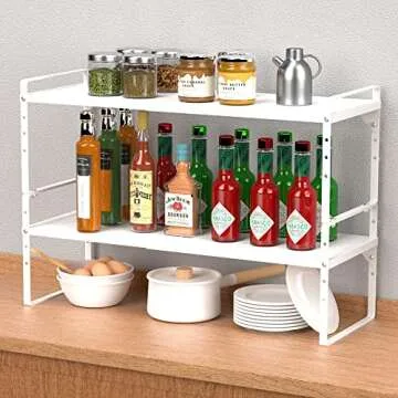 iPEGTOP Expandable Cabinet Storage Shelf Organizer Rack, 2 Pack Heavy Duty Steel Metal Spice Rack Adjustable Height Garage Pantry Shelf Space Riser for Counter Kitchen Organization, White