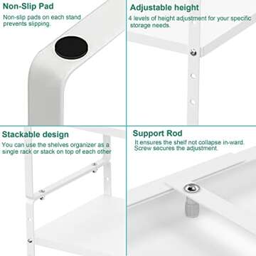 iPEGTOP Expandable Cabinet Storage Shelf Organizer Rack, 2 Pack Heavy Duty Steel Metal Spice Rack Adjustable Height Garage Pantry Shelf Space Riser for Counter Kitchen Organization, White