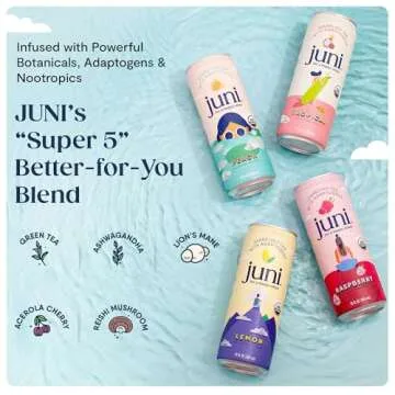 Juni Sparkling Tea with Adaptogens, Zero Sugar, 5 Calories, Organic Adaptogen Drink with Natural Caffeine from Green Tea, Vegan, Tropical, 12 Fl Oz Cans (12-Pack)