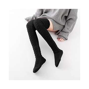 Pcavin Women's Thigh High Socks Over the Knee Cable Knit Boot Socks, Long Warm Fashion Leg Warmers Winter(White&Black)