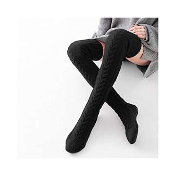 Pcavin Women's Thigh High Socks Over the Knee Cable Knit Boot Socks, Long Warm Fashion Leg Warmers Winter(White&Black)