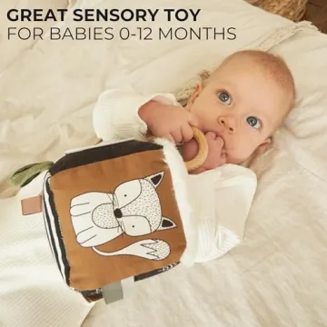 Soft Toy Block with Wooden Ring for Babies 0-3 and 0-6 Months - The Perfect High Contrast Activity Cube & Teething Toy with Tummy Time Mirror for Newborns - A Fun Sensory & Development Toy for Infants