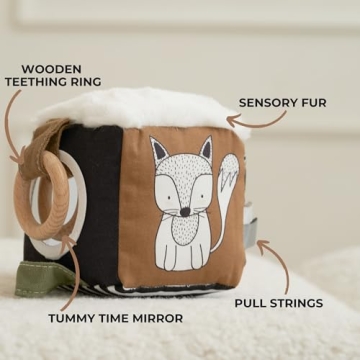 Soft Toy Block with Wooden Ring for Babies 0-3 and 0-6 Months - The Perfect High Contrast Activity Cube & Teething Toy with Tummy Time Mirror for Newborns - A Fun Sensory & Development Toy for Infants