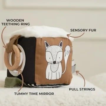 Soft Toy Block with Wooden Ring for Babies 0-3 and 0-6 Months - The Perfect High Contrast Activity Cube & Teething Toy with Tummy Time Mirror for Newborns - A Fun Sensory & Development Toy for Infants