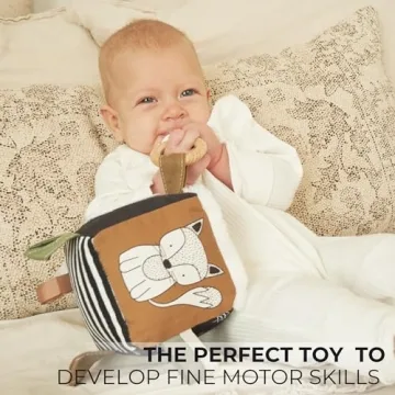 Soft Toy Block with Wooden Ring for Babies 0-3 and 0-6 Months - The Perfect High Contrast Activity Cube & Teething Toy with Tummy Time Mirror for Newborns - A Fun Sensory & Development Toy for Infants