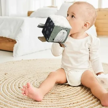 Soft Toy Block with Wooden Ring for Babies 0-3 and 0-6 Months - The Perfect High Contrast Activity Cube & Teething Toy with Tummy Time Mirror for Newborns - A Fun Sensory & Development Toy for Infants