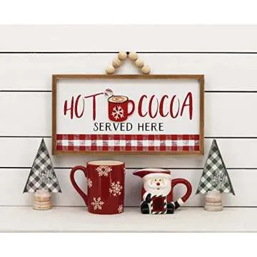 AshleeOaks Farmhouse Wood Hot Cocoa Served Here Sign with Wood Bead Hanger, Framed Wood Cocoa Decor for Hot Chocolate Bar, Kitchen, Dining Room, 15.75"L