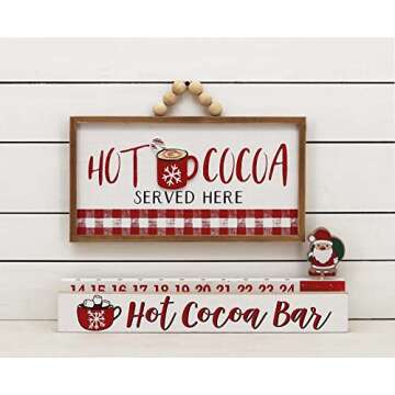 AshleeOaks Farmhouse Wood Hot Cocoa Served Here Sign with Wood Bead Hanger, Framed Wood Cocoa Decor for Hot Chocolate Bar, Kitchen, Dining Room, 15.75"L