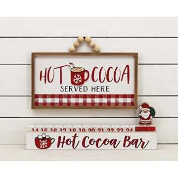 AshleeOaks Farmhouse Wood Hot Cocoa Served Here Sign with Wood Bead Hanger, Framed Wood Cocoa Decor for Hot Chocolate Bar, Kitchen, Dining Room, 15.75"L