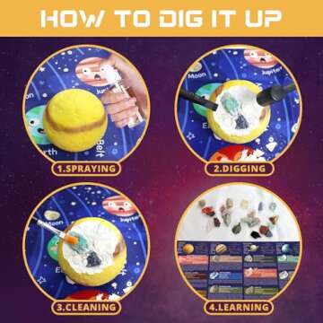 PIBEX Gemstone Dig Kit, Dig up 30 Rocks & Minerals from 6 Solar System Planets, Archaeology Geology Science Experiment Activity Set, Space Explore Mining Toy for Kids, Gift for Boys & Girls Age 6-8-12