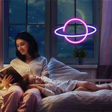 4 Pcs LEDs Decorative Neon Night Signs, Hanging Lighted Up Neon Sign for Bedroom Room Decor Neon Lights Leds Cloud Signs Light Sign for Home Decor Pink/Blue Planet