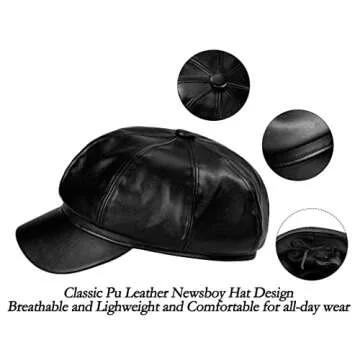 8 Panels Newsboy Caps Pu Leather Stylish Cabbie Beret Cap Baker Hat Painter Fishing Hat Ivy Caps for Women and Men Black