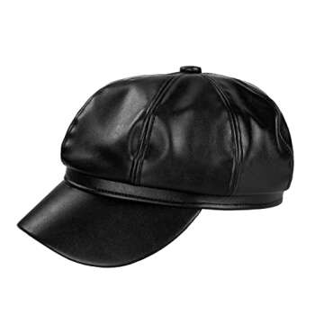 8 Panels Newsboy Caps Pu Leather Stylish Cabbie Beret Cap Baker Hat Painter Fishing Hat Ivy Caps for Women and Men Black