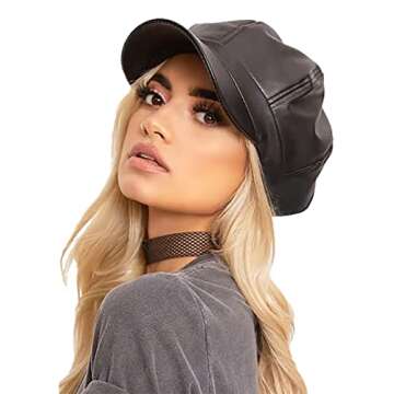 8 Panels Newsboy Caps Pu Leather Stylish Cabbie Beret Cap Baker Hat Painter Fishing Hat Ivy Caps for Women and Men Black