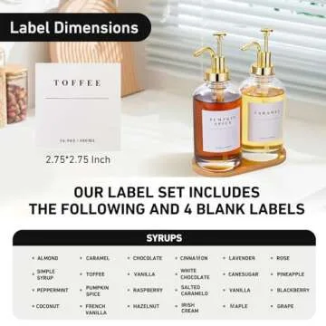 Coffee Syrup Dispenser for Coffee Bar, Coffee Syrup Pump Dispenser, Glass Syrup Bottle with Gold Upgraded Pump, 2 Pack 16.9 oz 500 ml Syrup Dispensers, 28 Labels and Bamboo Tray