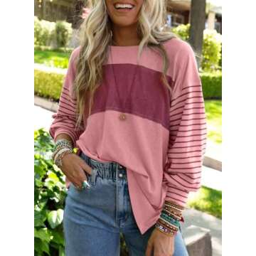 Dokotoo Long Sleeve Shirts 2025 Spring Outfits Trendy Womens Tops Cute Sweatshirt Business Casual Loose Fit Dressy Oversized Tshirts Knitted Tunics Blouses Lightweight Crew Neck Tops Clothing Pink