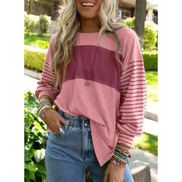 Dokotoo Long Sleeve Shirts 2025 Spring Outfits Trendy Womens Tops Cute Sweatshirt Business Casual Loose Fit Dressy Oversized Tshirts Knitted Tunics Blouses Lightweight Crew Neck Tops Clothing Pink