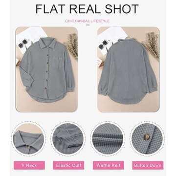 Dokotoo Button Down Shirts for Women Fashion 2024 V Neck Long Sleeve Waffle Knit Shacket Solid Basic Jacket Casual Boyfriend Tops Gray XX-Large