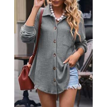Dokotoo Button Down Shirts for Women Fashion 2024 V Neck Long Sleeve Waffle Knit Shacket Solid Basic Jacket Casual Boyfriend Tops Gray XX-Large