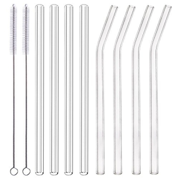 ALINK Glass Smoothie Straws, 10" x 10 mm Long Reusable Clear Drinking Straws, Pack of 8 with 2 Cleaning Brush,