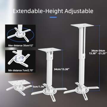suptek White Projector Ceiling Mount Bracket Fits Flat or Sloped Ceiling Height Adjustable with Extendable Length for LCD/DLP Projectors (PR05)