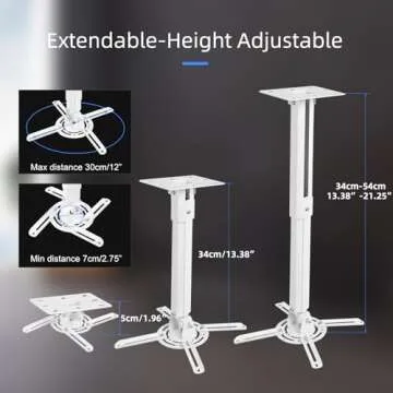 suptek White Projector Ceiling Mount Bracket Fits Flat or Sloped Ceiling Height Adjustable with Extendable Length for LCD/DLP Projectors (PR05)