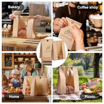 45 Pack Paper Bread Bags for Homemade Bread, Tin Tie Tab Lock Sourdough Bread Baking Bag, Large Loaf Bag with Clear Window for Bread Packaging Storage, 48 Label Seal Stickers Use for Bakery Paper Bags