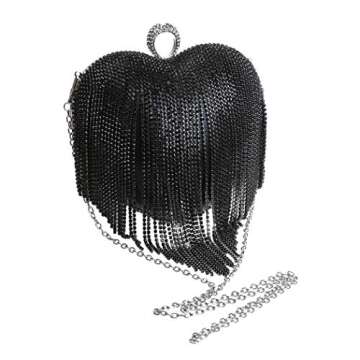 UMREN Women Luxury Heart Shape Tassel Evening Clutch Bag Rhinestones Wedding Party Purse Handbag Bla...