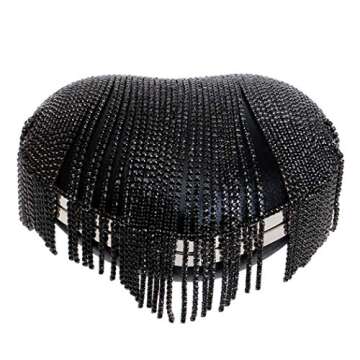 UMREN Women Luxury Heart Shape Tassel Evening Clutch Bag Rhinestones Wedding Party Purse Handbag Black