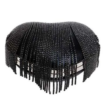 UMREN Women Luxury Heart Shape Tassel Evening Clutch Bag Rhinestones Wedding Party Purse Handbag Black