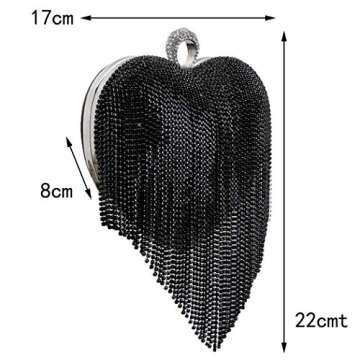 UMREN Women Luxury Heart Shape Tassel Evening Clutch Bag Rhinestones Wedding Party Purse Handbag Black