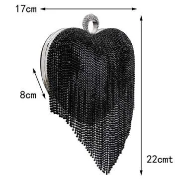 UMREN Women Luxury Heart Shape Tassel Evening Clutch Bag Rhinestones Wedding Party Purse Handbag Black