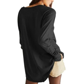 ELGOGY Women's Oversized Long Sleeve Shirts Casual Crewneck Workout Tunic Tops Loose Slouchy Tee with Thumb Holes Black L