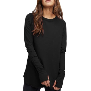 ELGOGY Women's Oversized Long Sleeve Shirts Casual Crewneck Workout Tunic Tops Loose Slouchy Tee with Thumb Holes Black L
