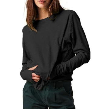 ELGOGY Women's Oversized Long Sleeve Shirts Casual Crewneck Workout Tunic Tops Loose Slouchy Tee with Thumb Holes Black L